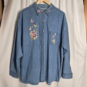 Faded Gear Denim Chambray Button Up Shirt Women Hummingbird Floral Long Sleeve